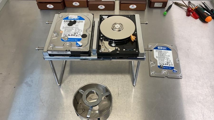 Hard drives opened for head and platter work
